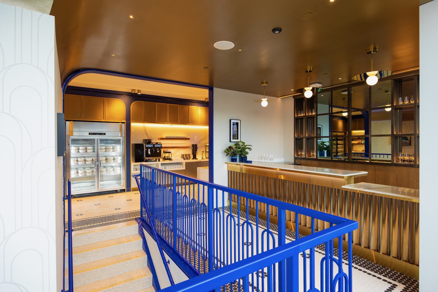 a blue railing in a restaurant