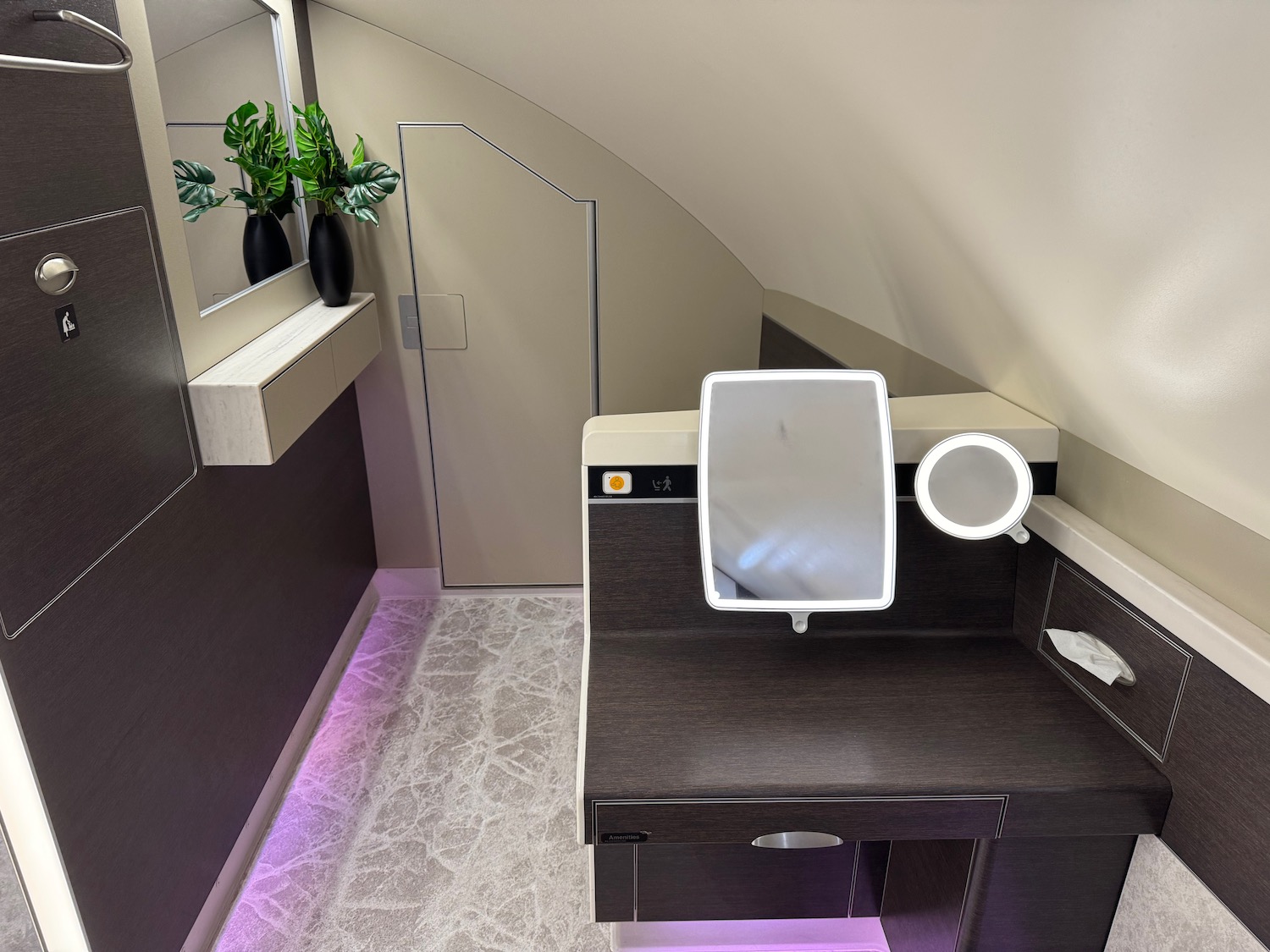 a desk with a mirror and a plant in a room