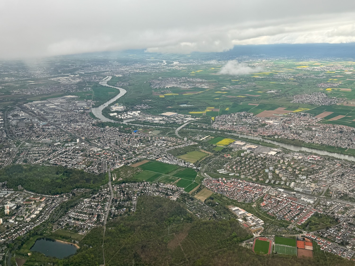 aerial view of a city and a river