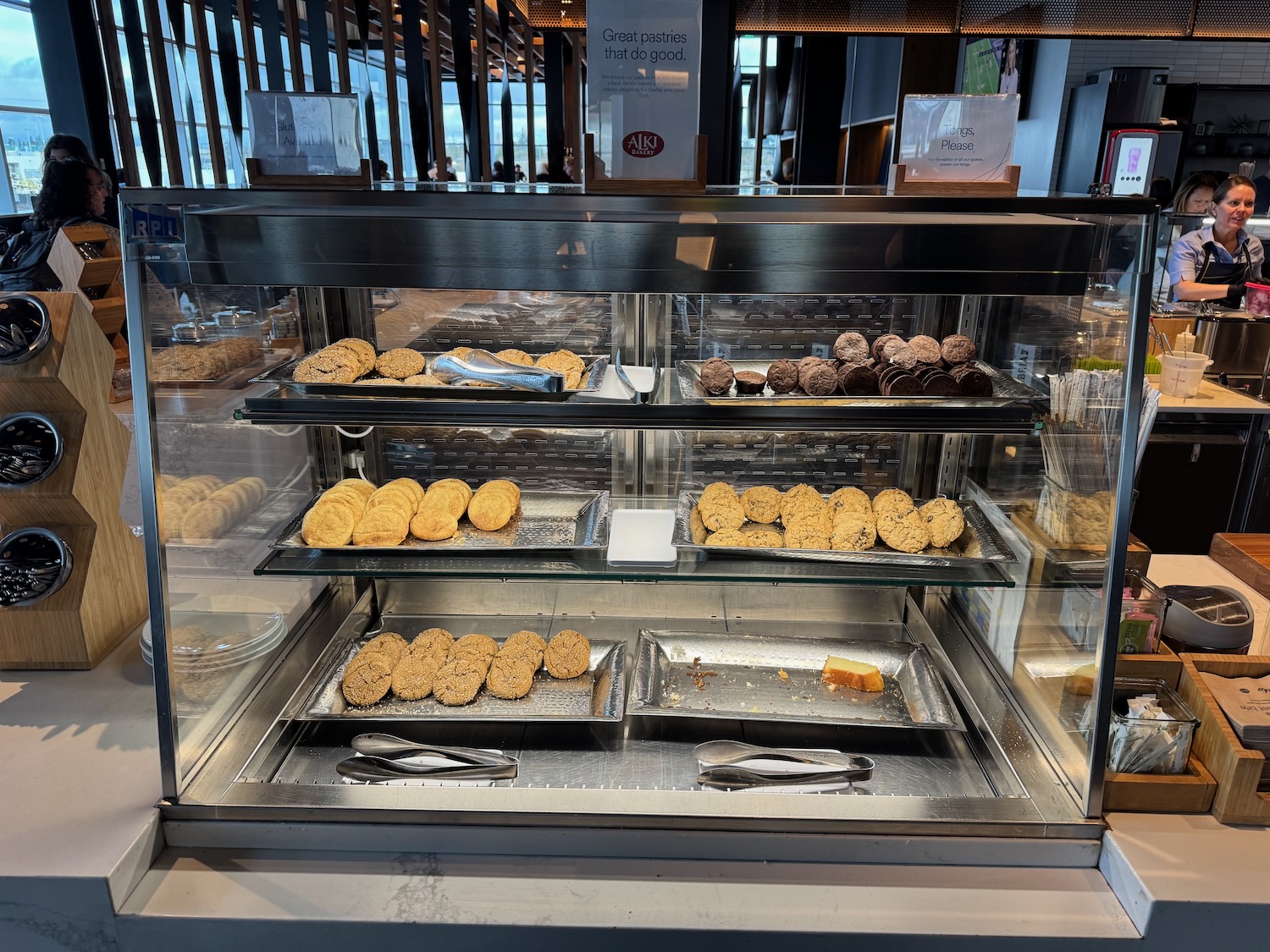 a display case with cookies and cookies