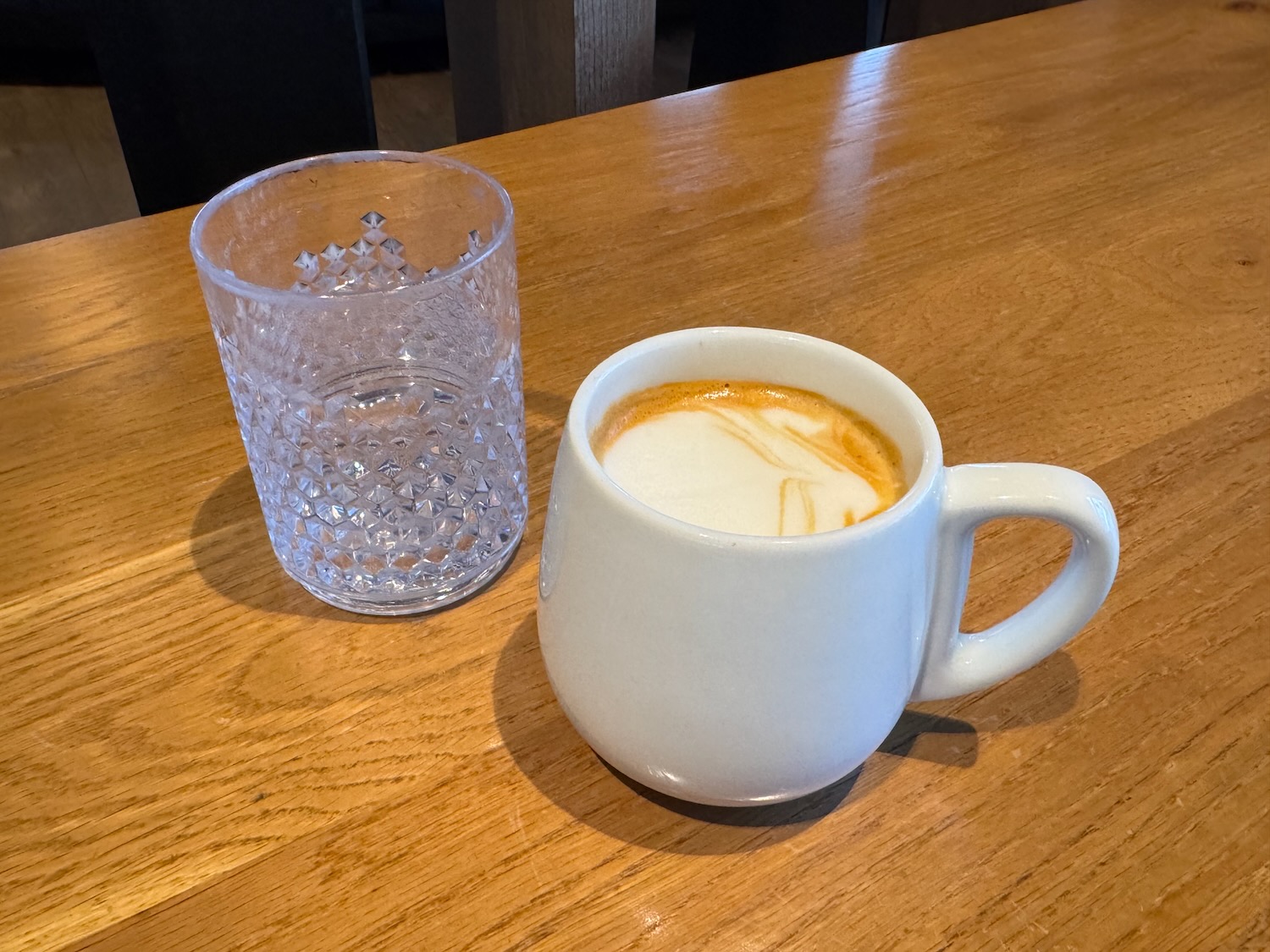 a cup of coffee and a glass of water on a table