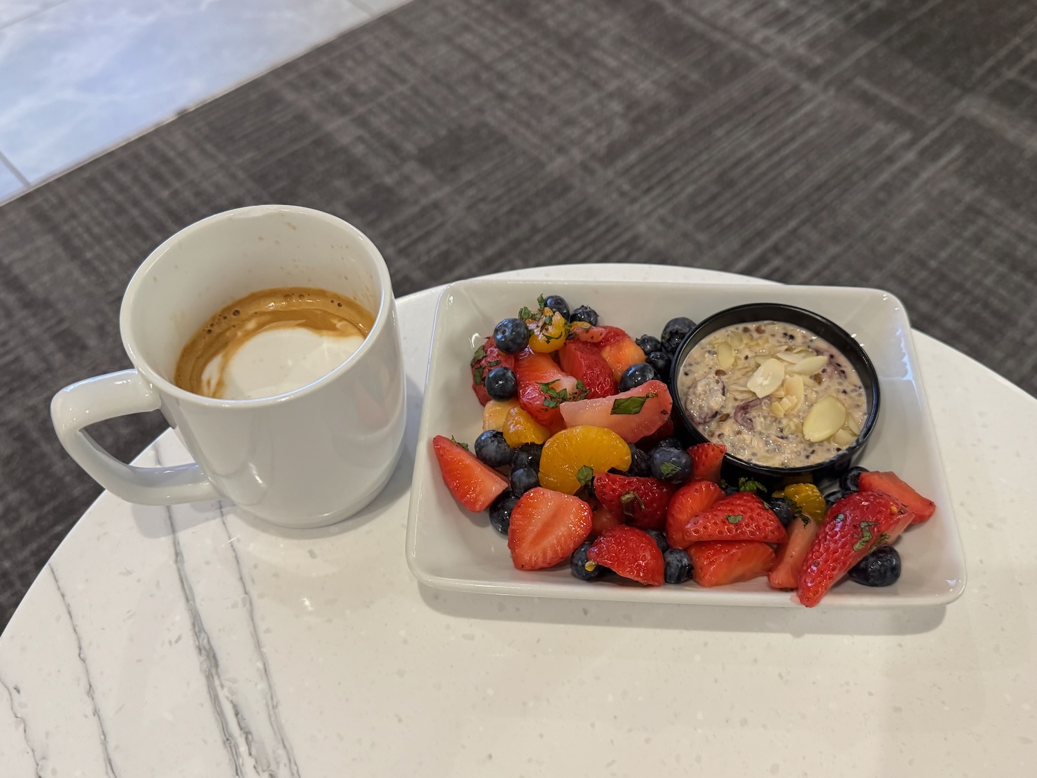 a plate of fruit and a cup of coffee