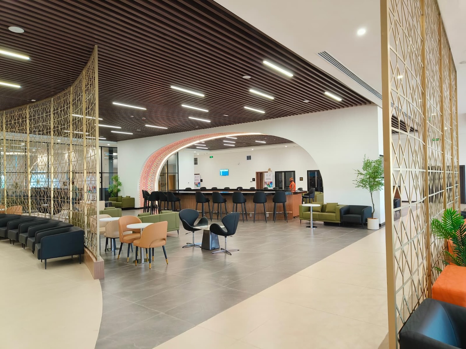 a room with chairs and tables