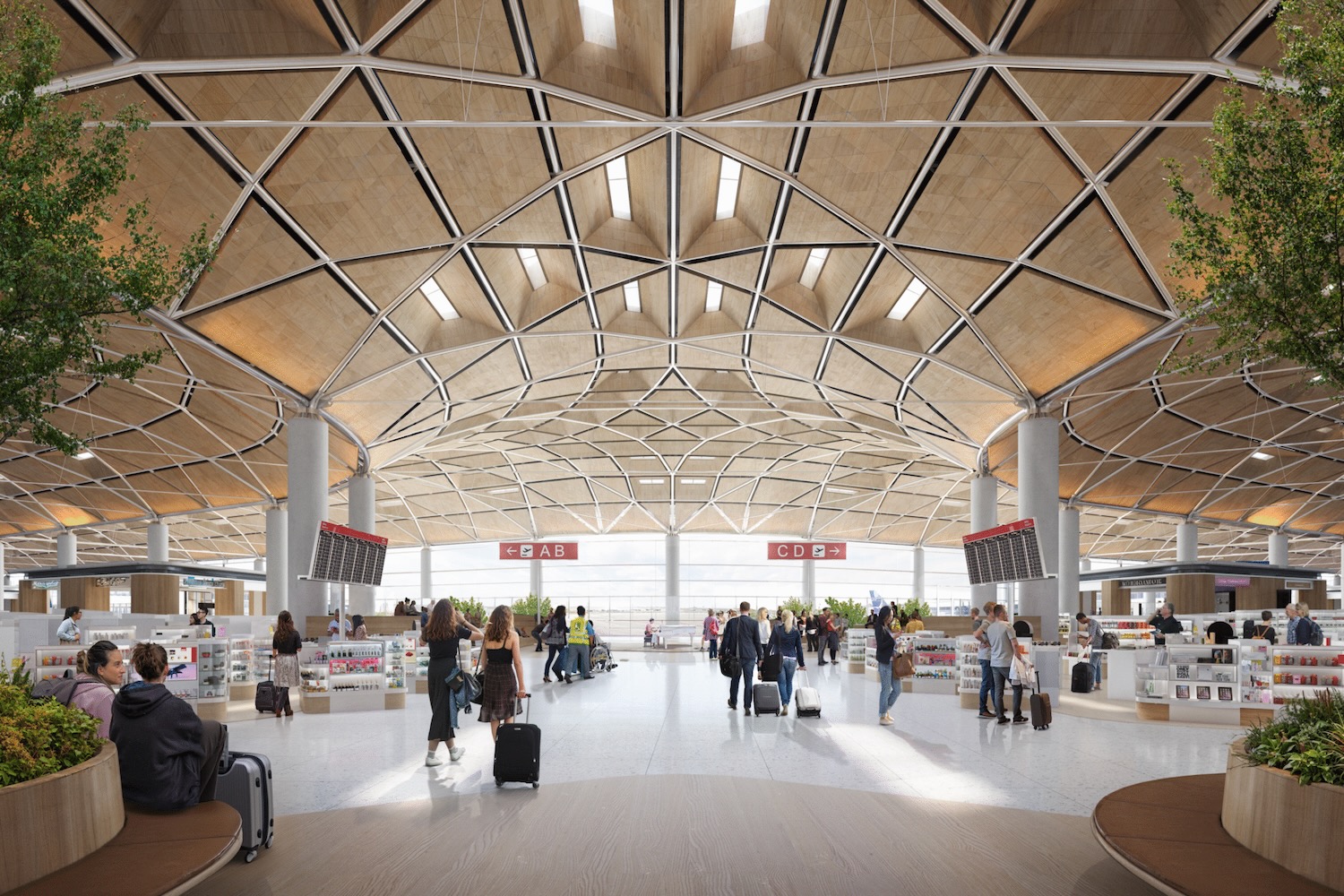 people walking in a large airport terminal