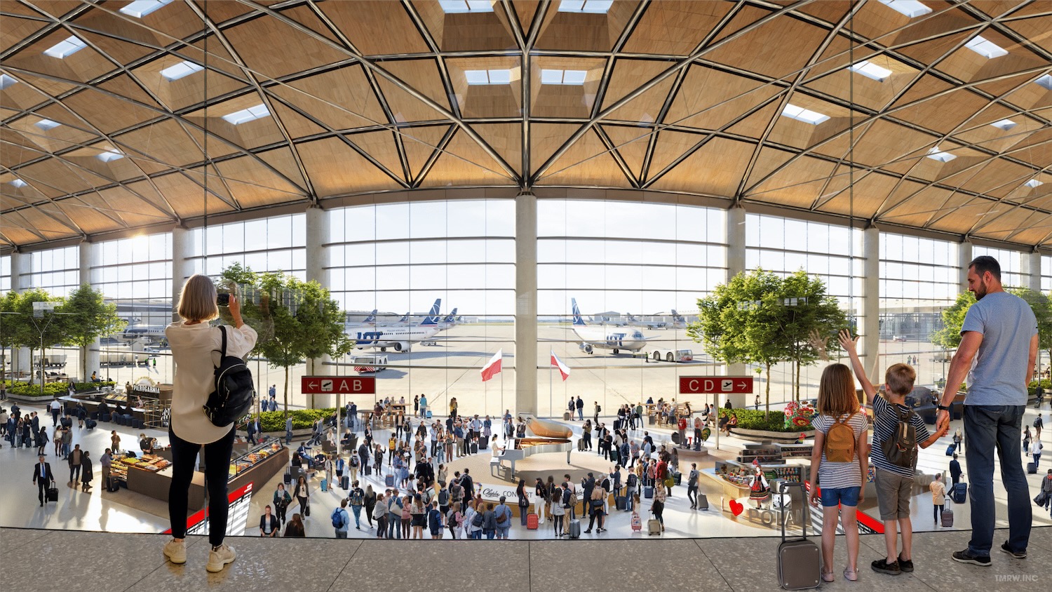 a group of people in a large building