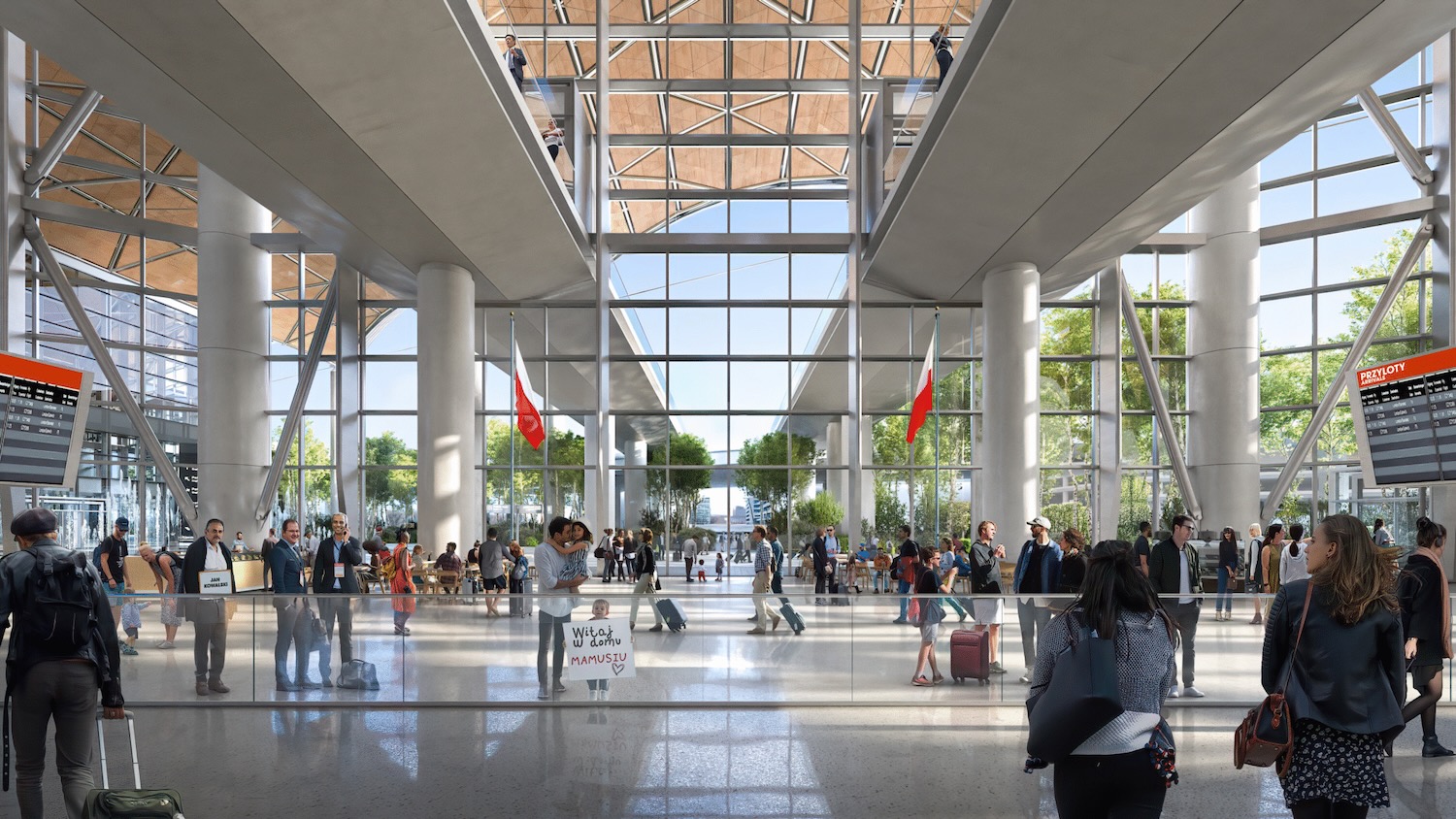 a large glass building with people walking around