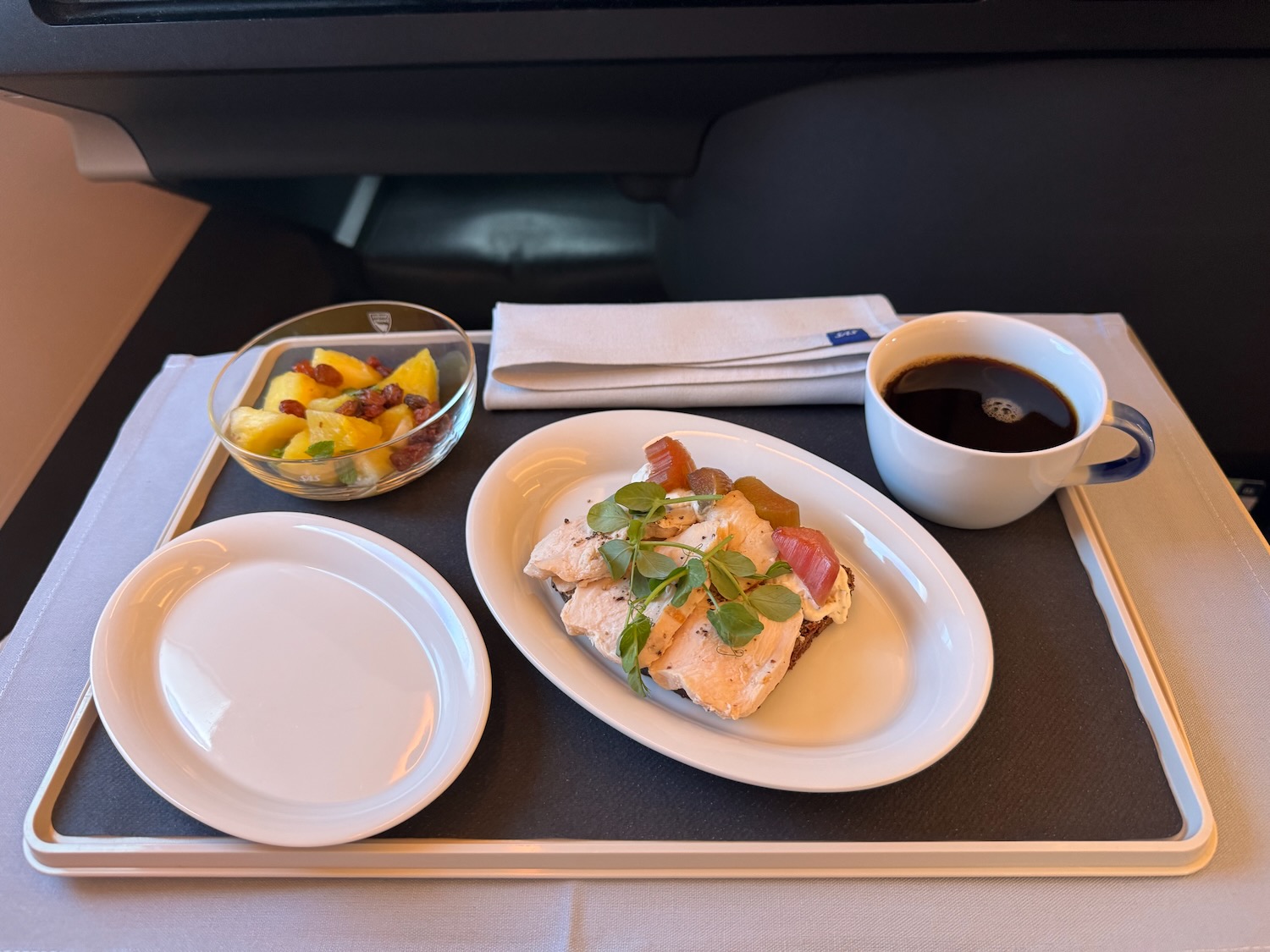 a tray with food and a cup of coffee on it