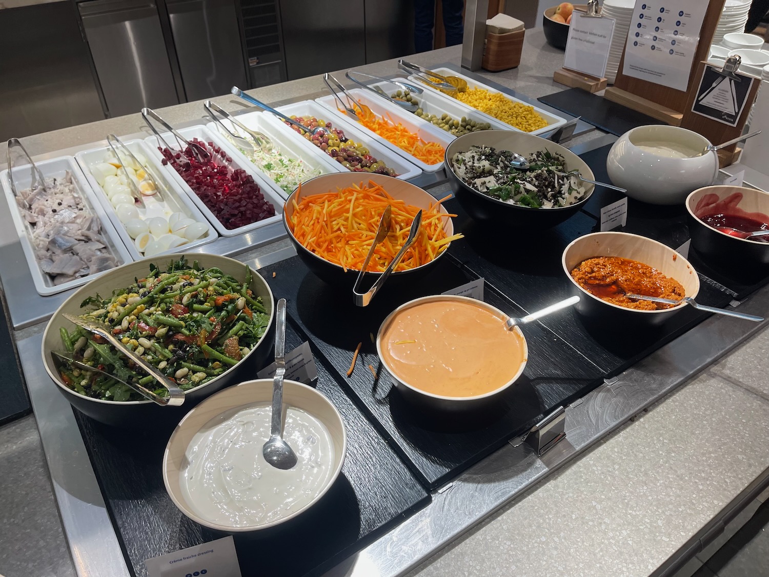 a buffet table full of food