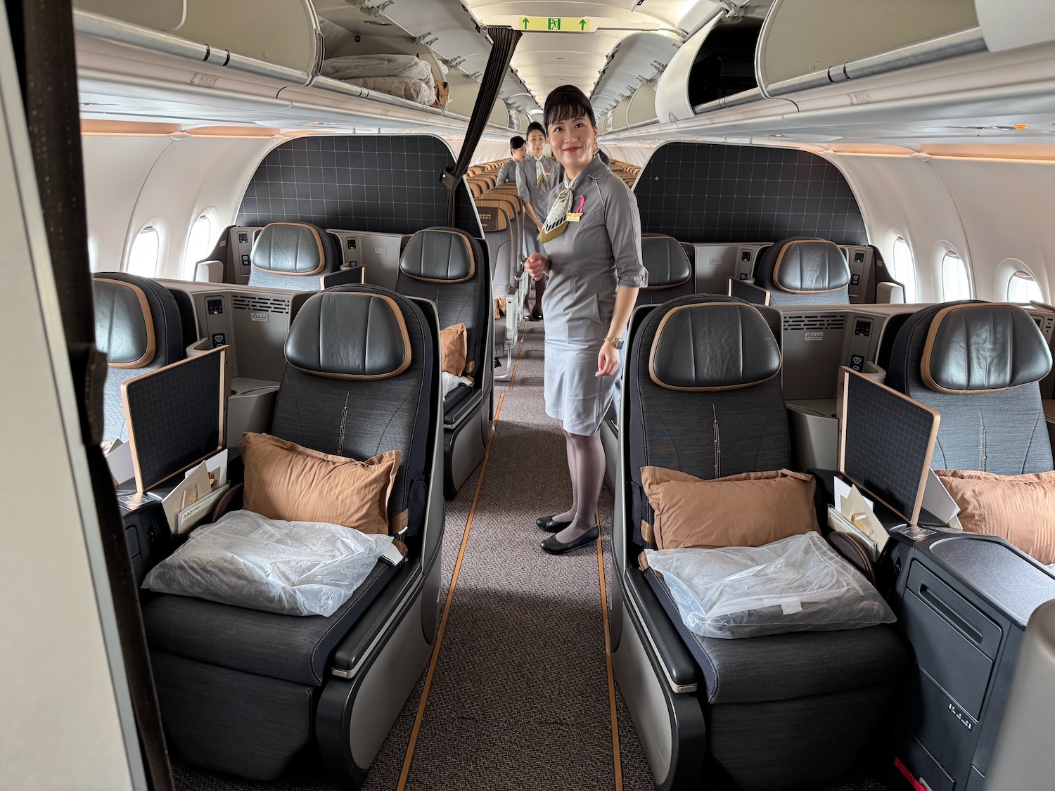 a woman standing in a plane