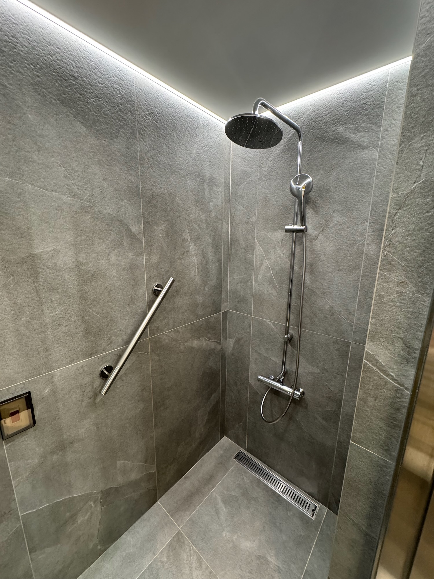 a shower with a hand shower