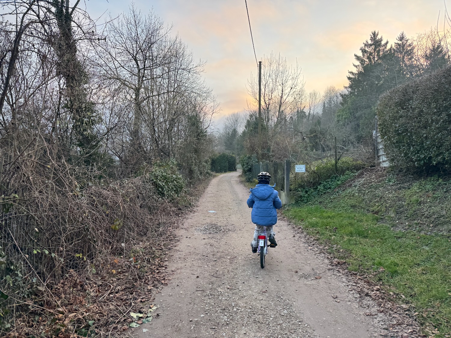 a child riding a bike on a dirt path
