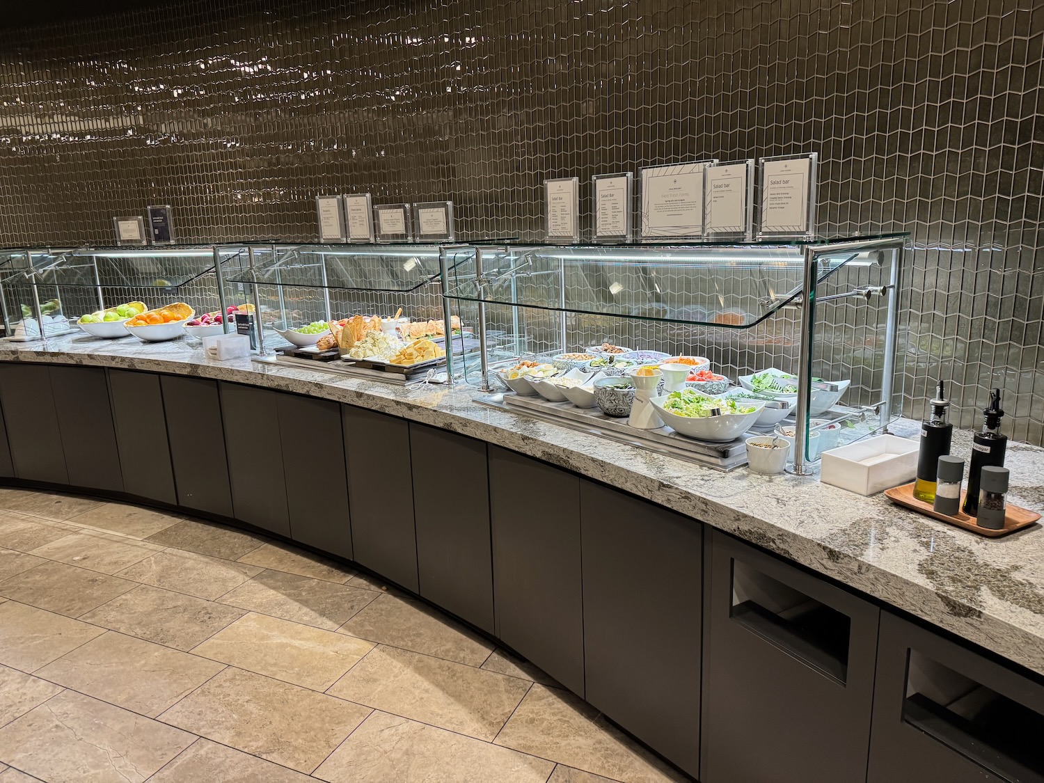 a buffet line with food on it