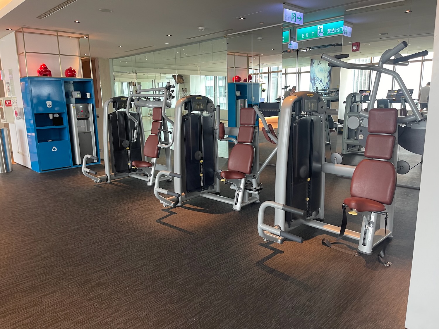 a group of exercise equipment in a room