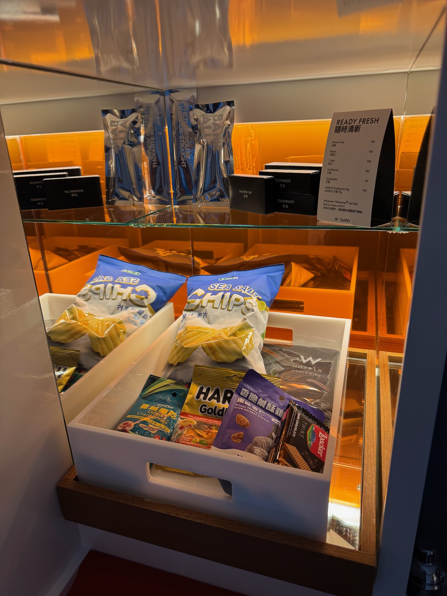 a shelf with food in it