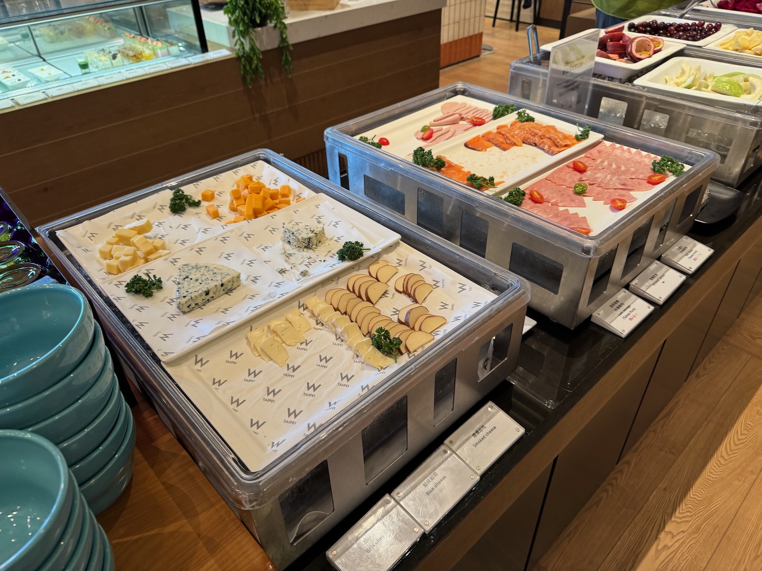 a group of trays of food