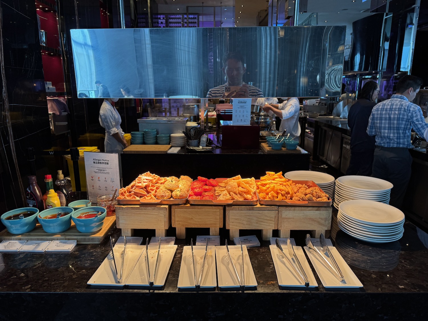 a buffet table with food on it