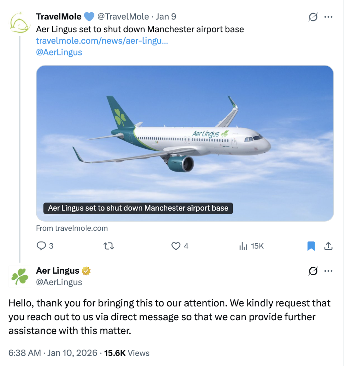 aer lingus manchester base closing tweet