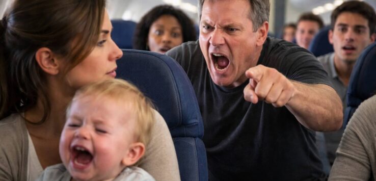 a man pointing at a crying child