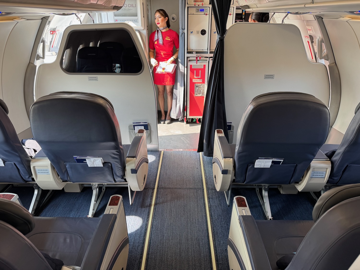 a woman standing in an airplane