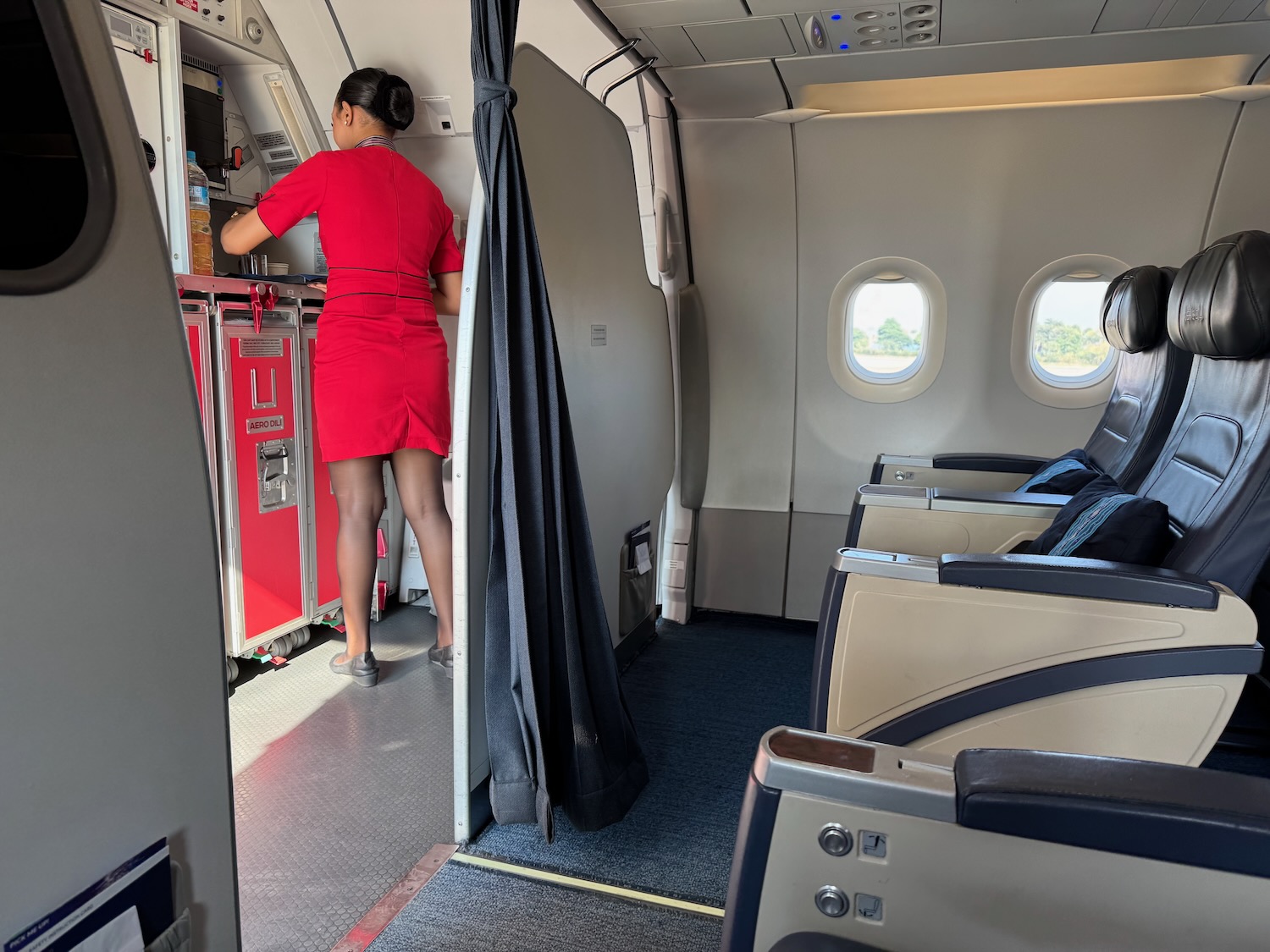 a woman in a red dress standing in an airplane