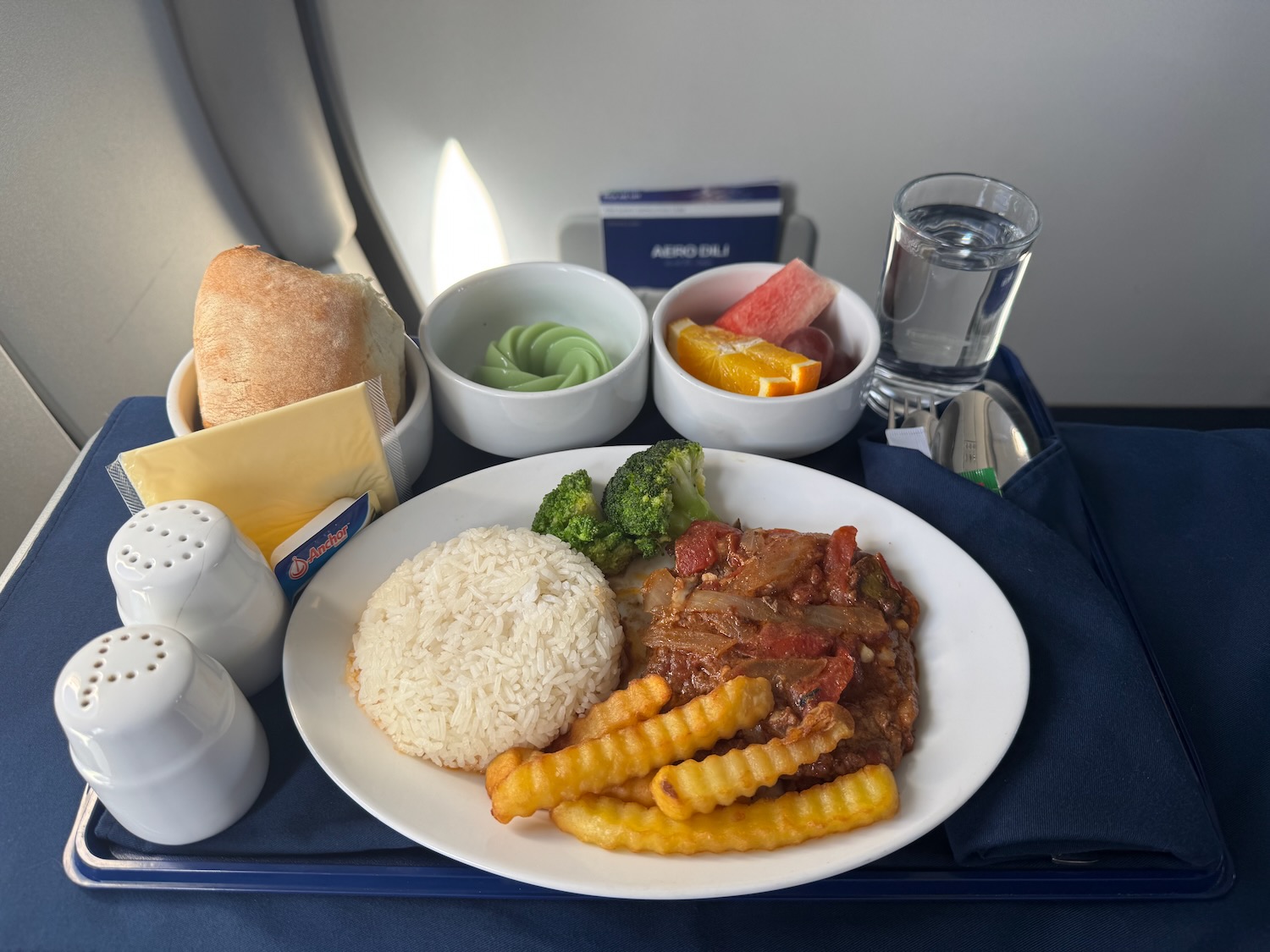 a plate of food on a tray