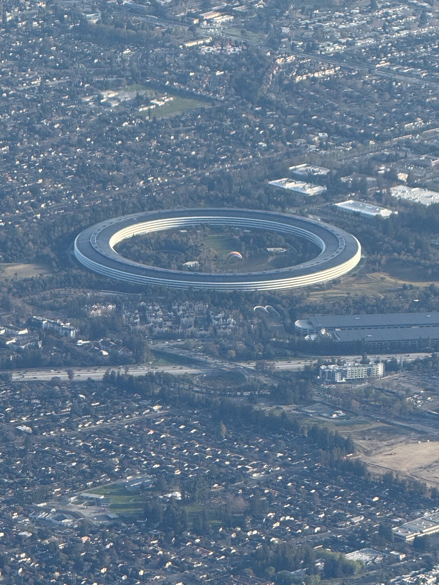 an aerial view of a circular building