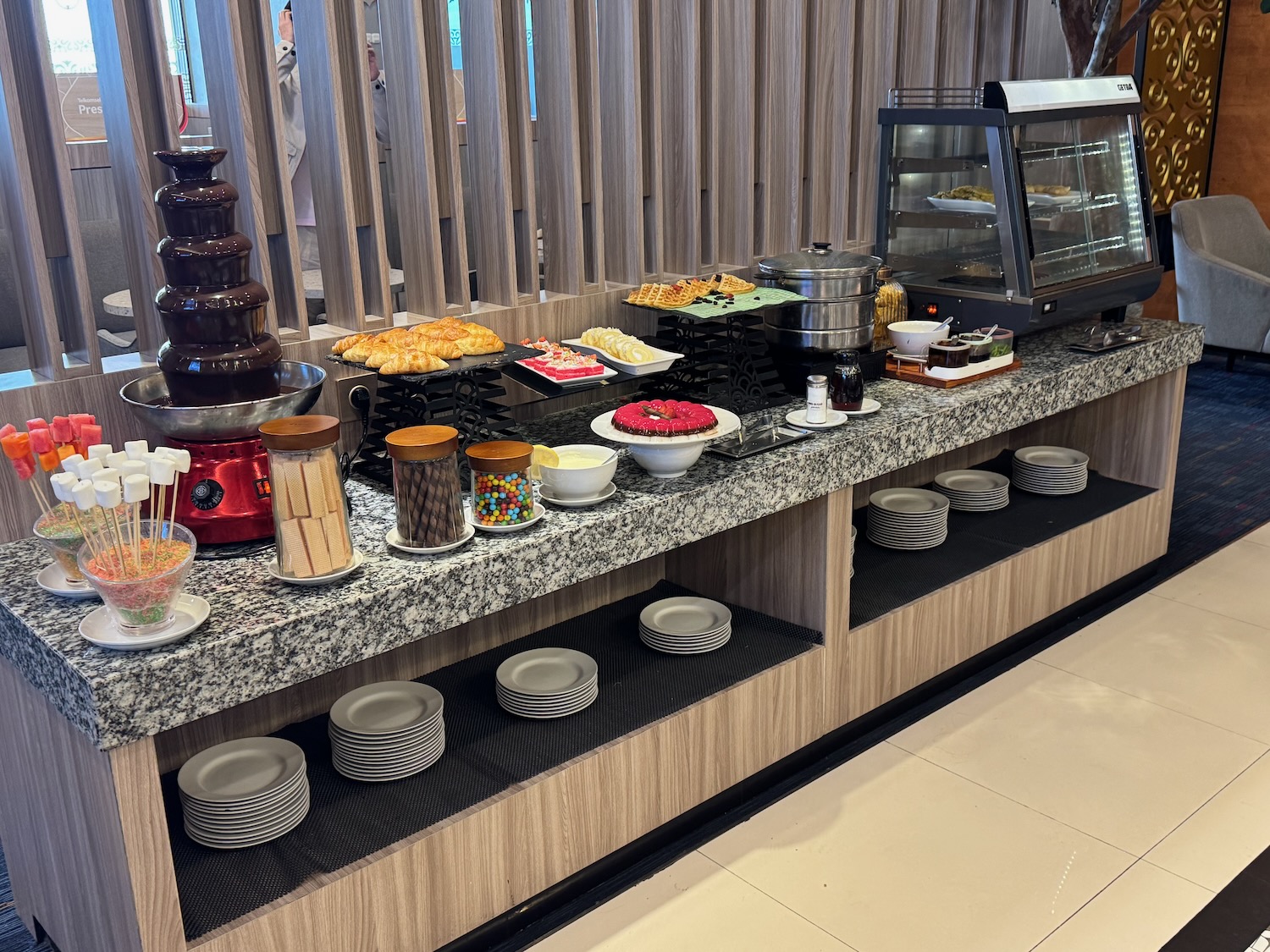 a buffet with food on the counter