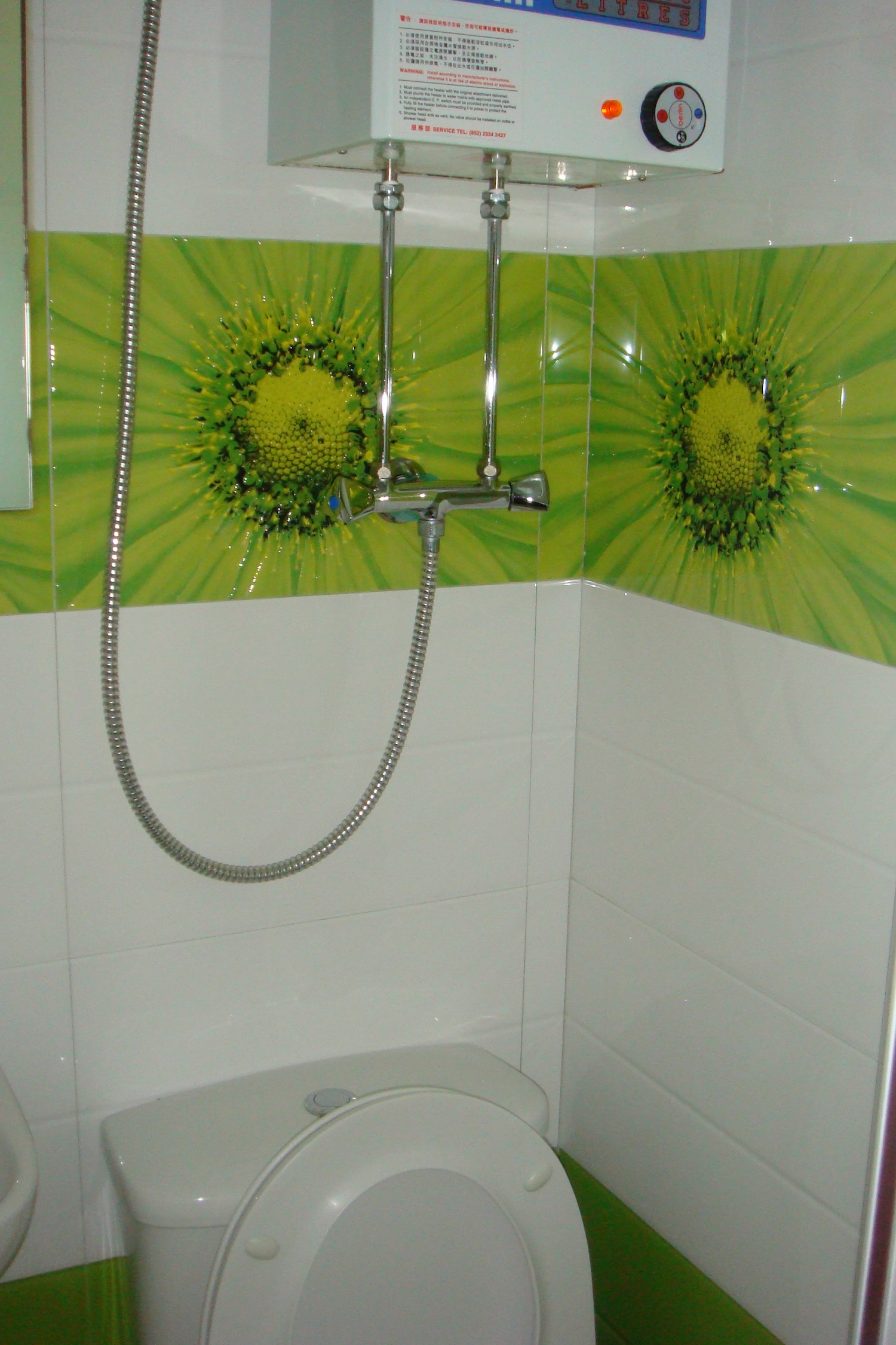 a shower with a hose and a green flower design on the wall