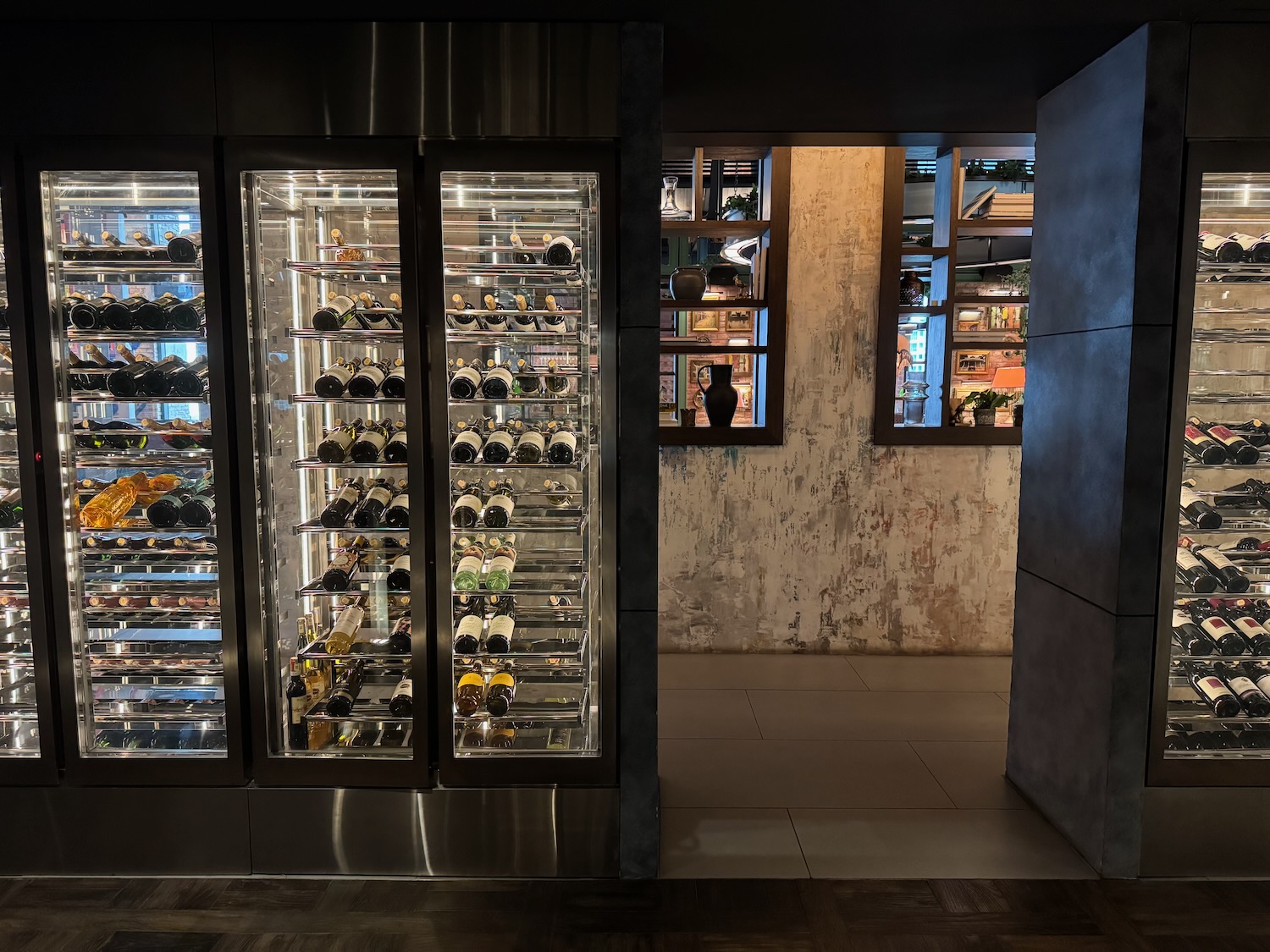 a glass case with food on it