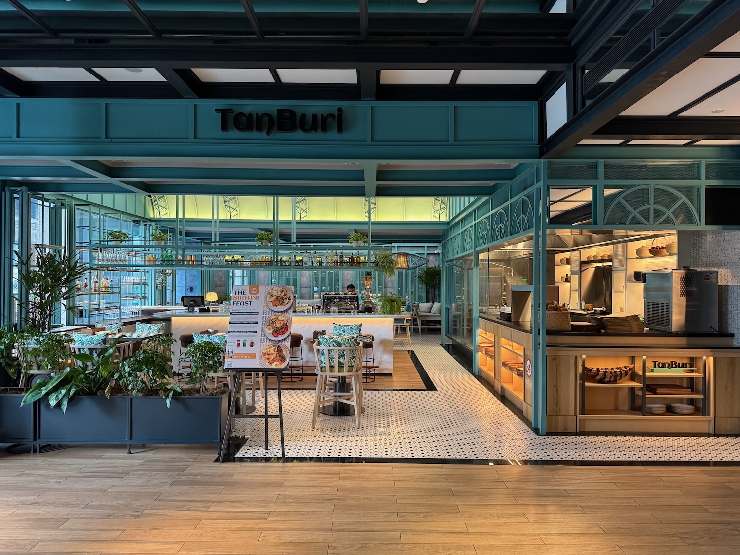 a restaurant with a large area of food