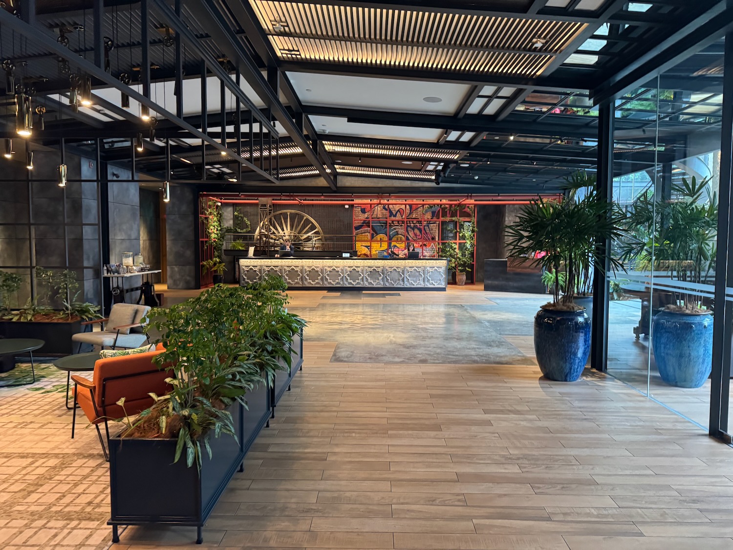 a room with plants and a table