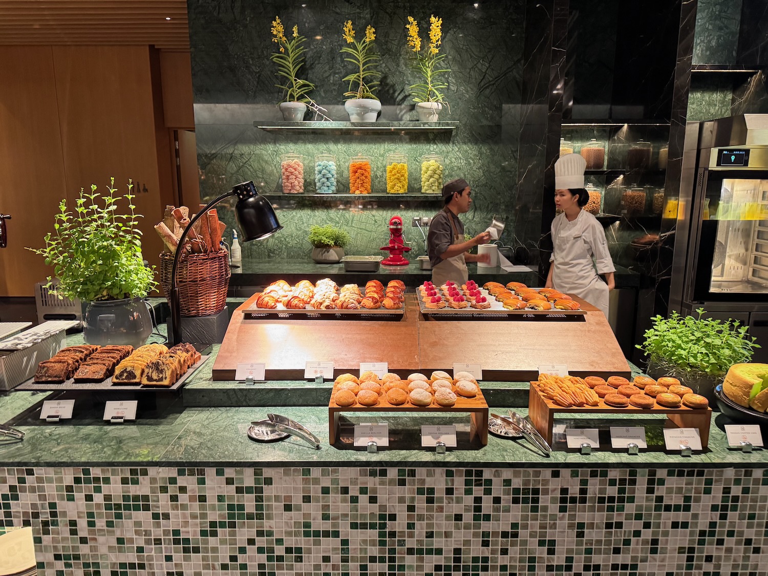 a counter with food on it