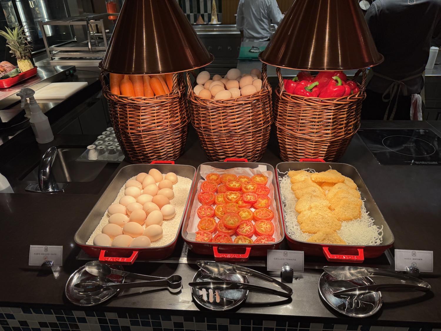 a group of baskets of food