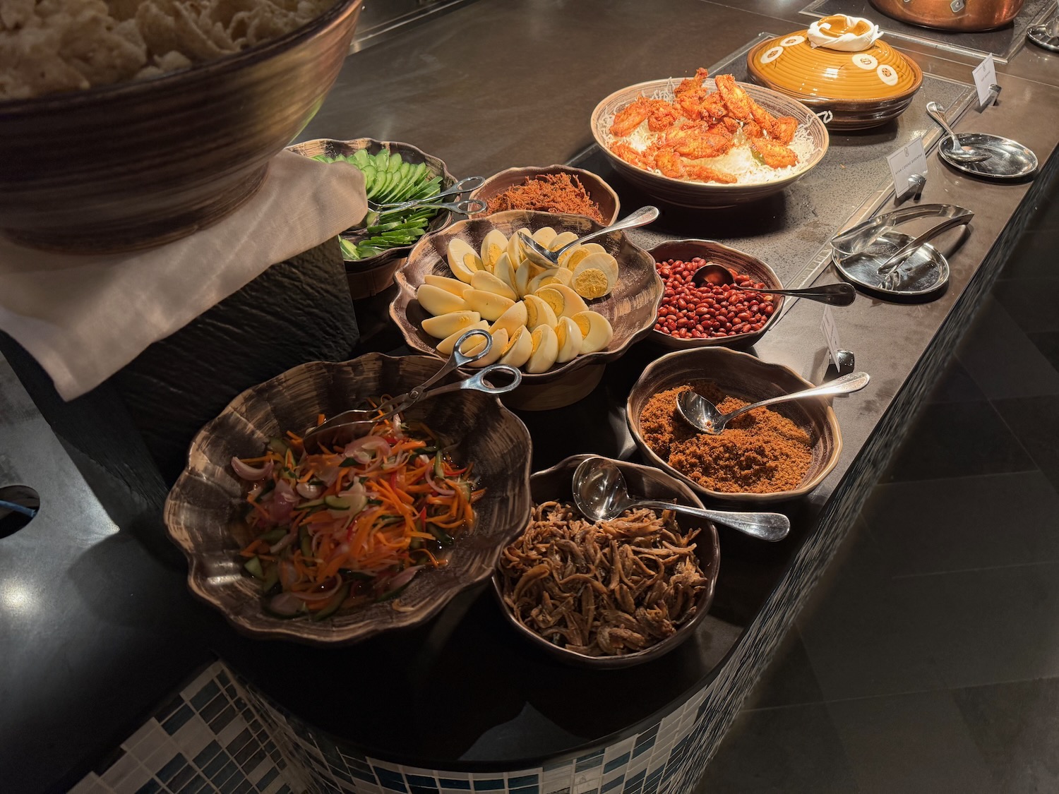 a buffet table with different food items