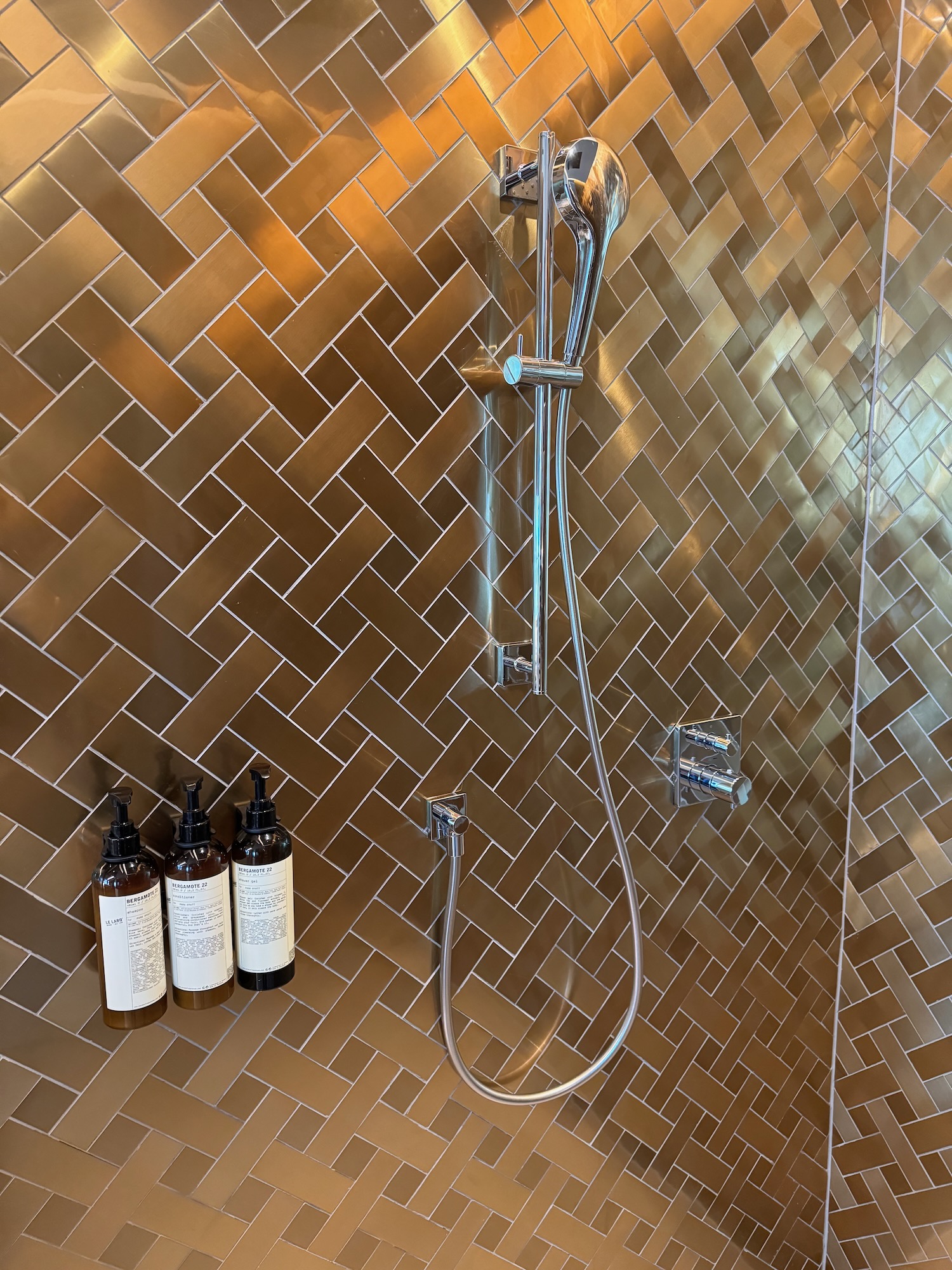 a shower head and soaps on a wall