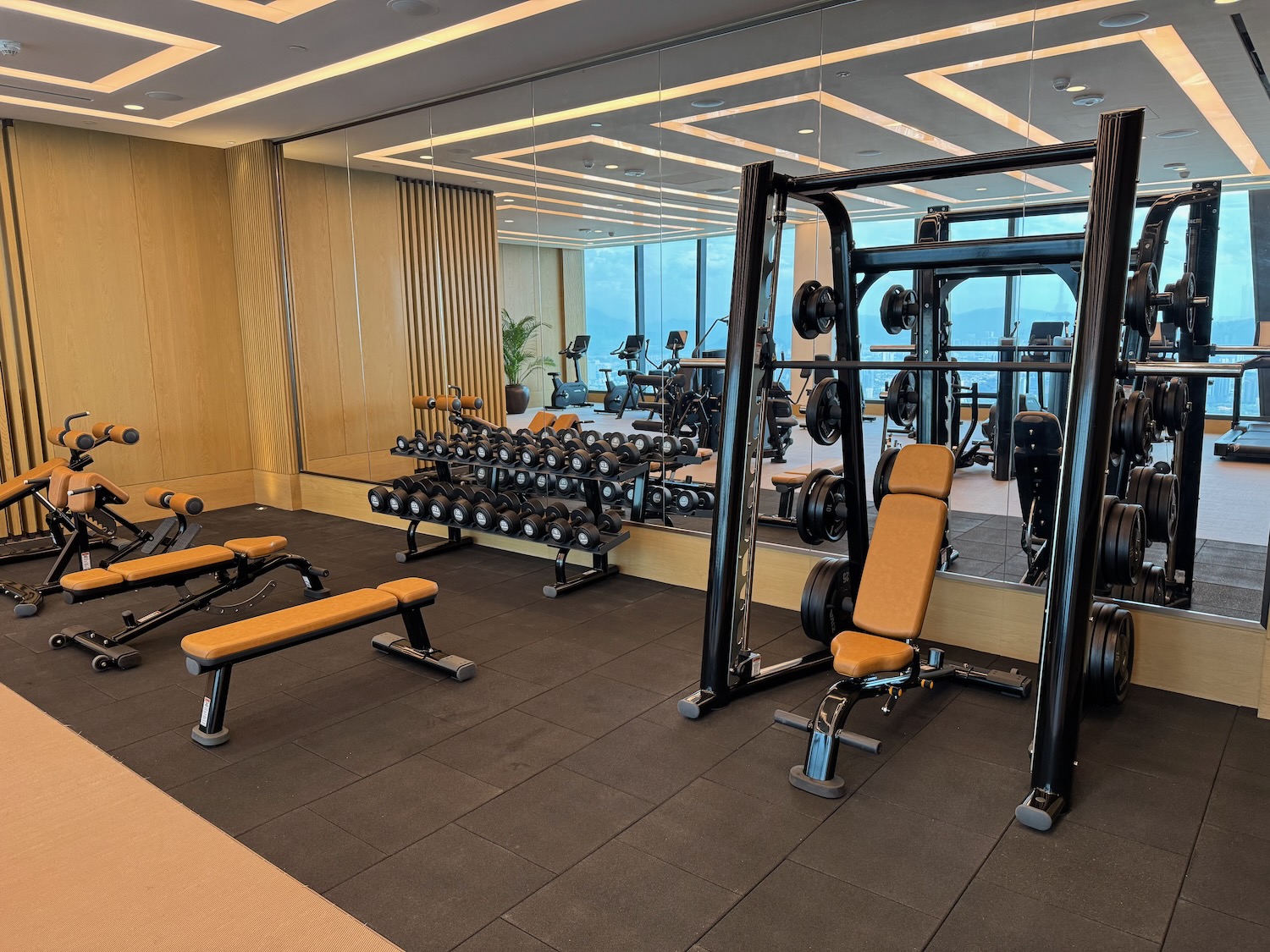 a gym with weights and exercise equipment