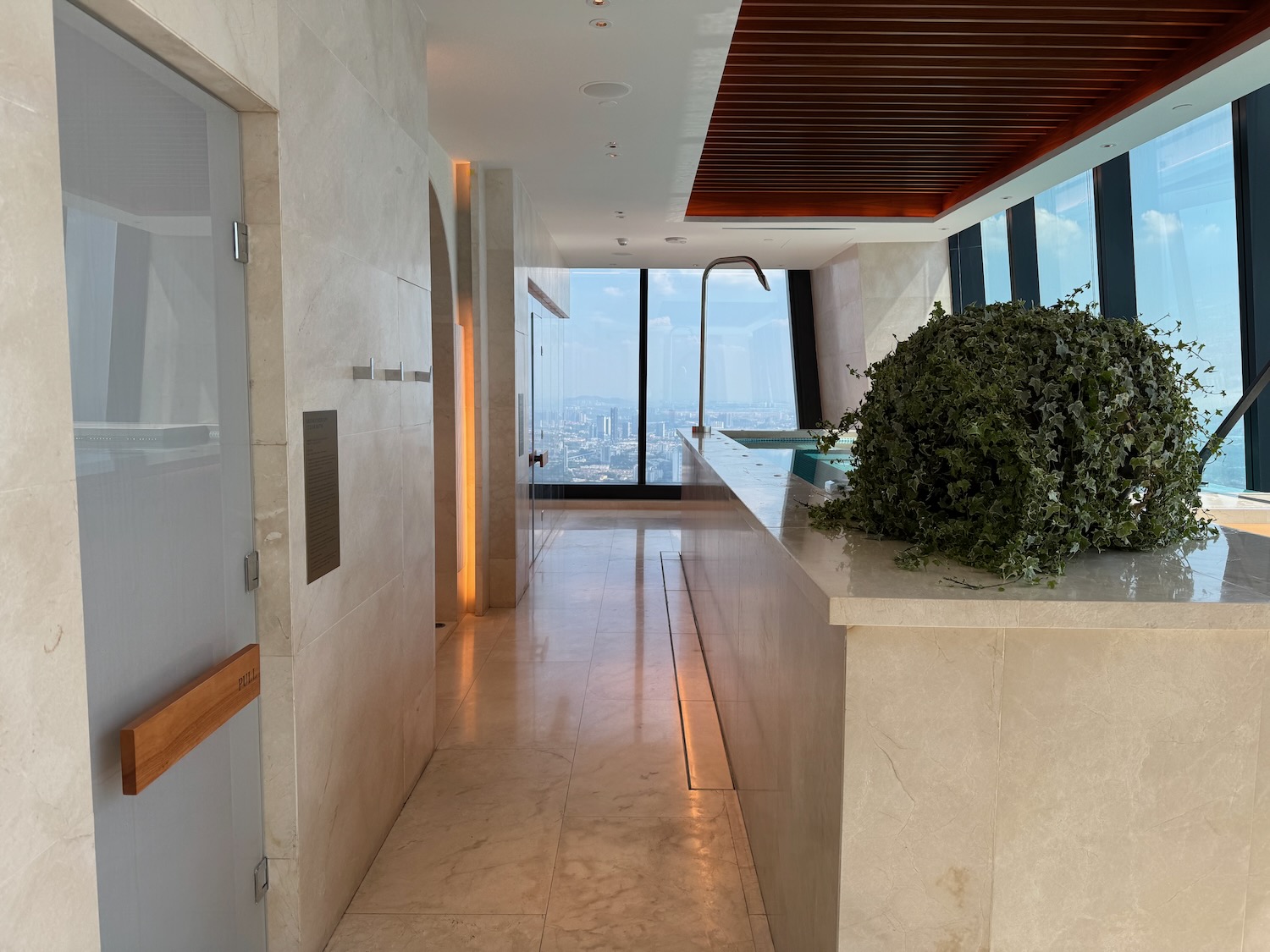 a bathroom with a large window