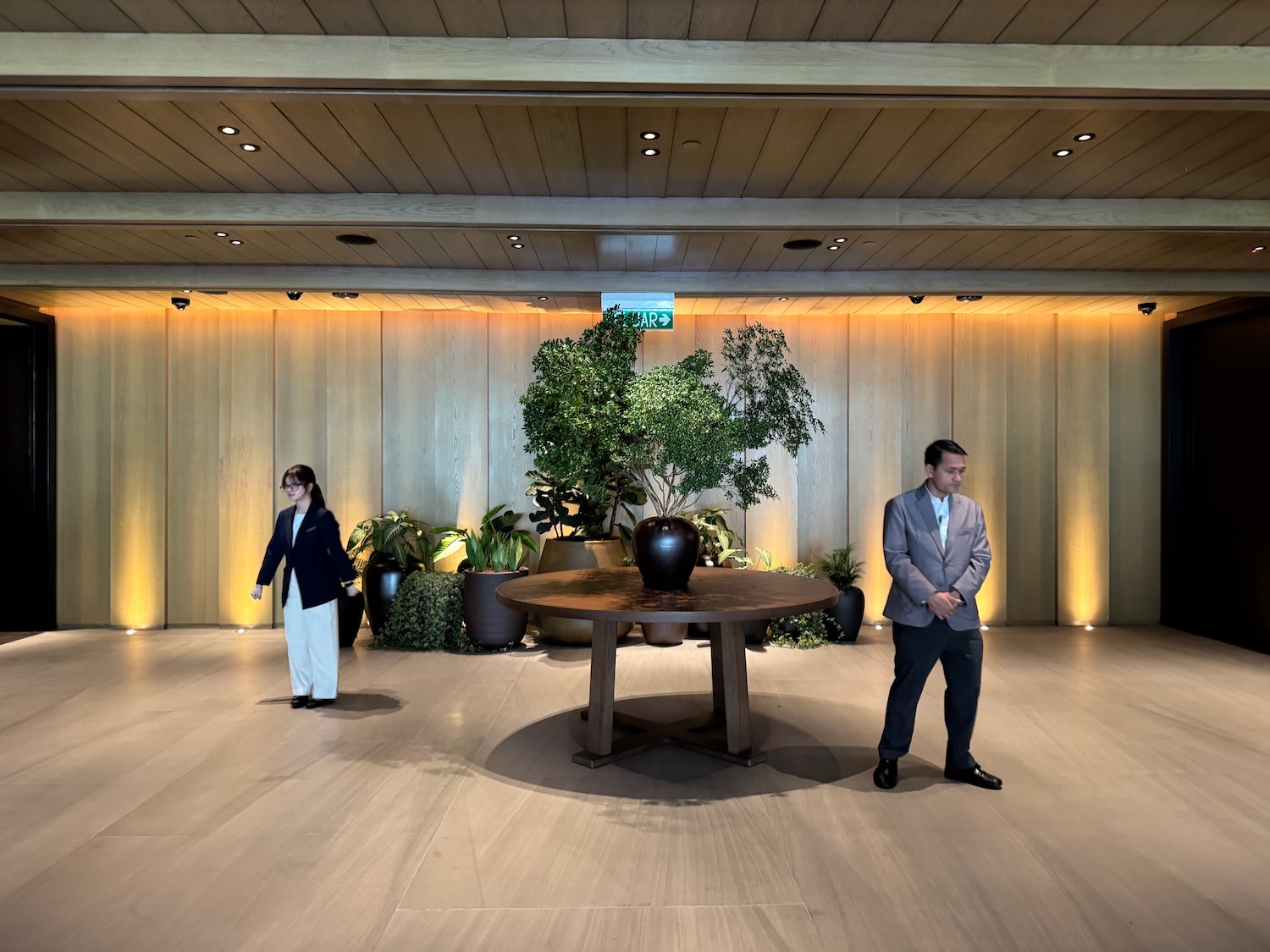 a man and woman standing in a room with a potted plant