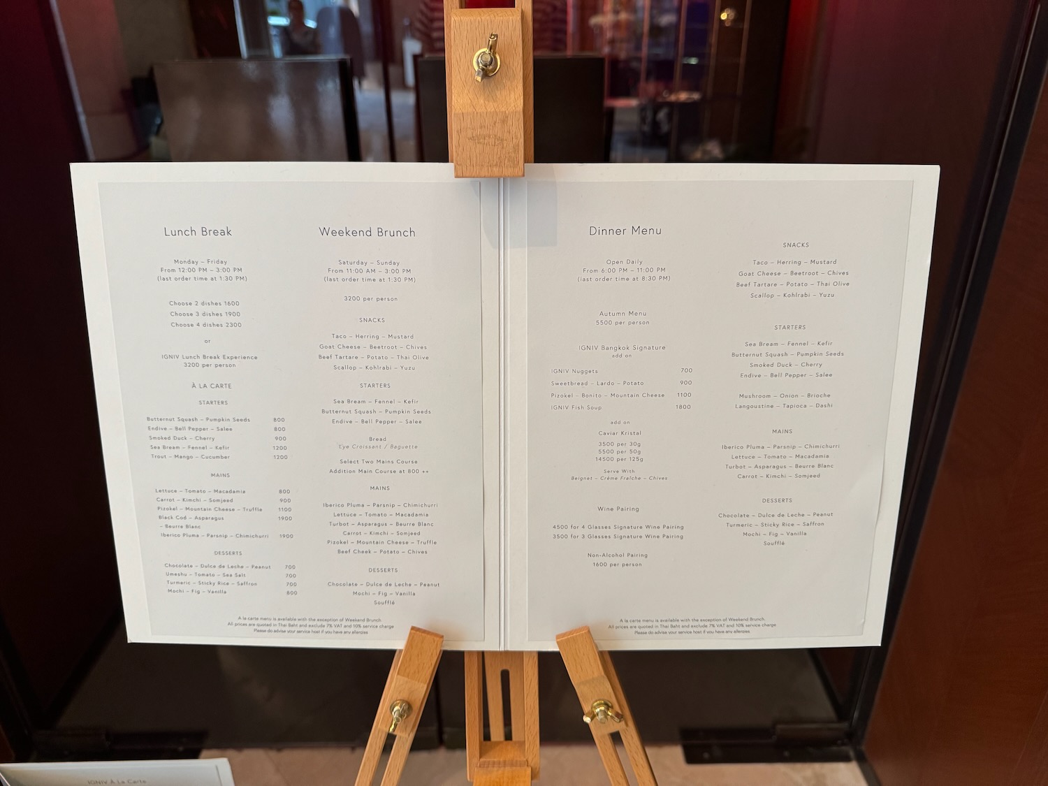 a menu on a stand