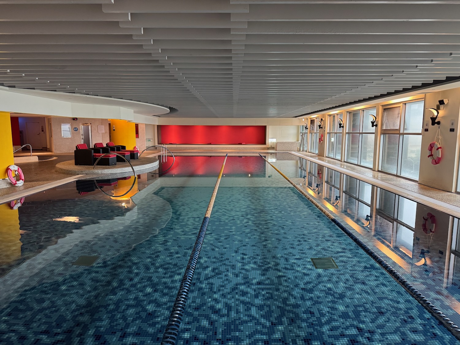 a swimming pool inside a building