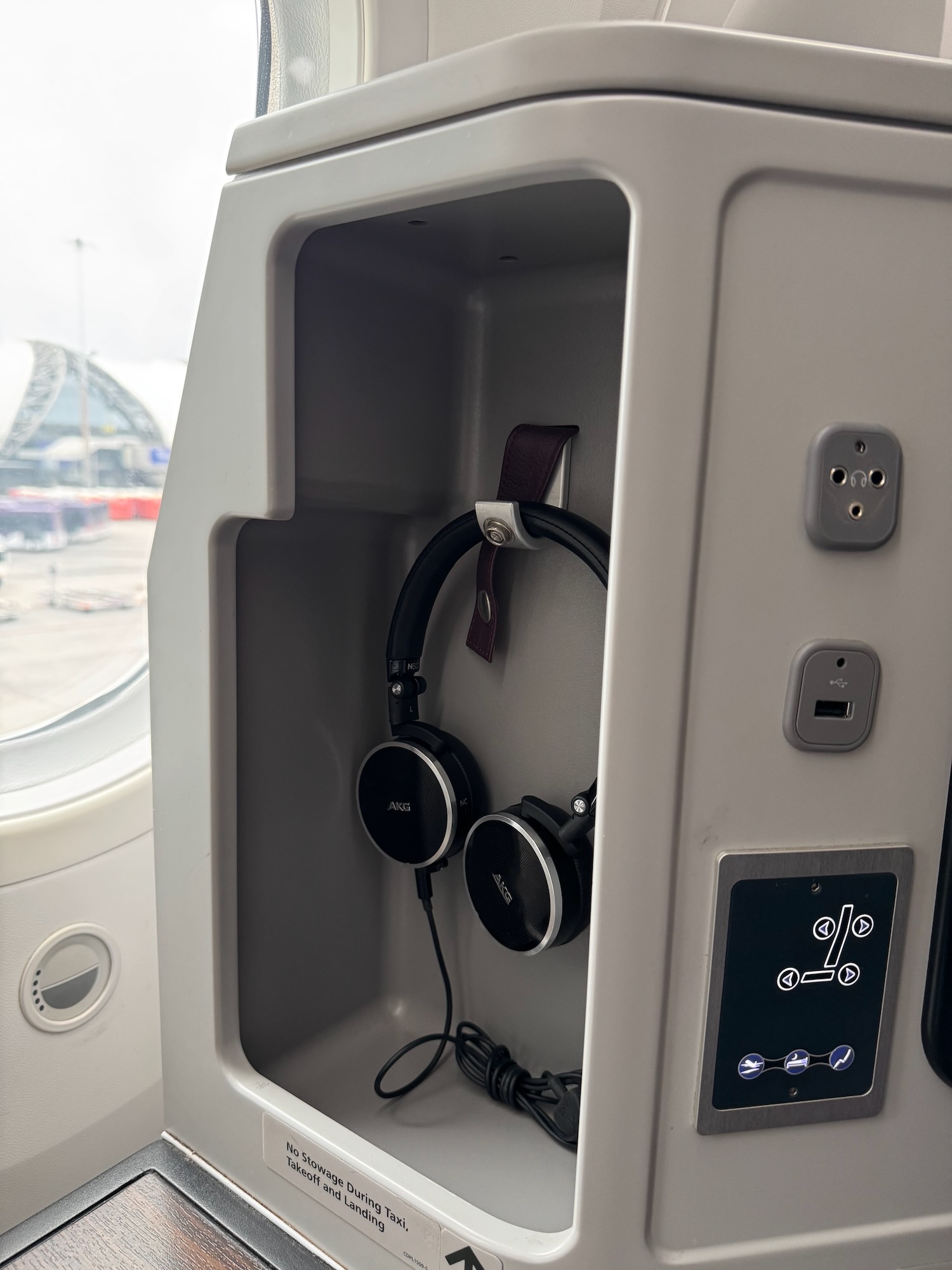 a headphones in a small cabinet