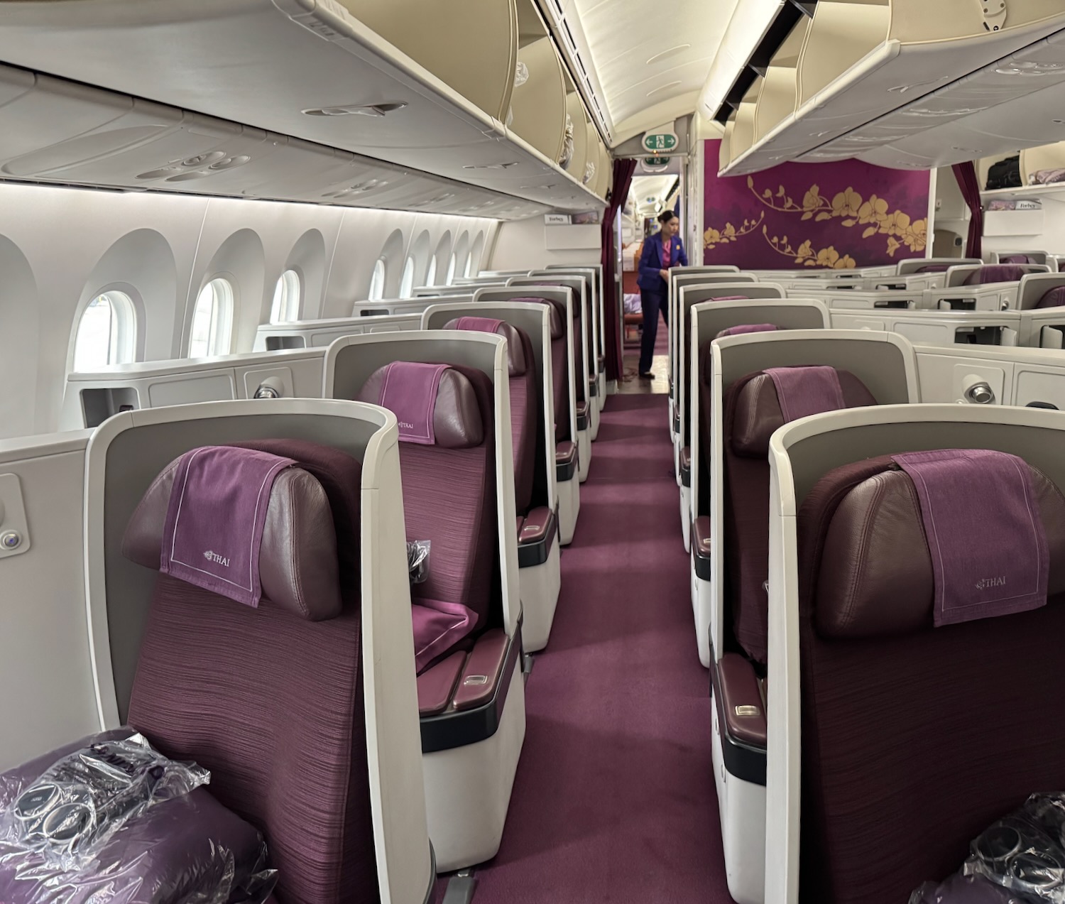 inside a plane with purple seats