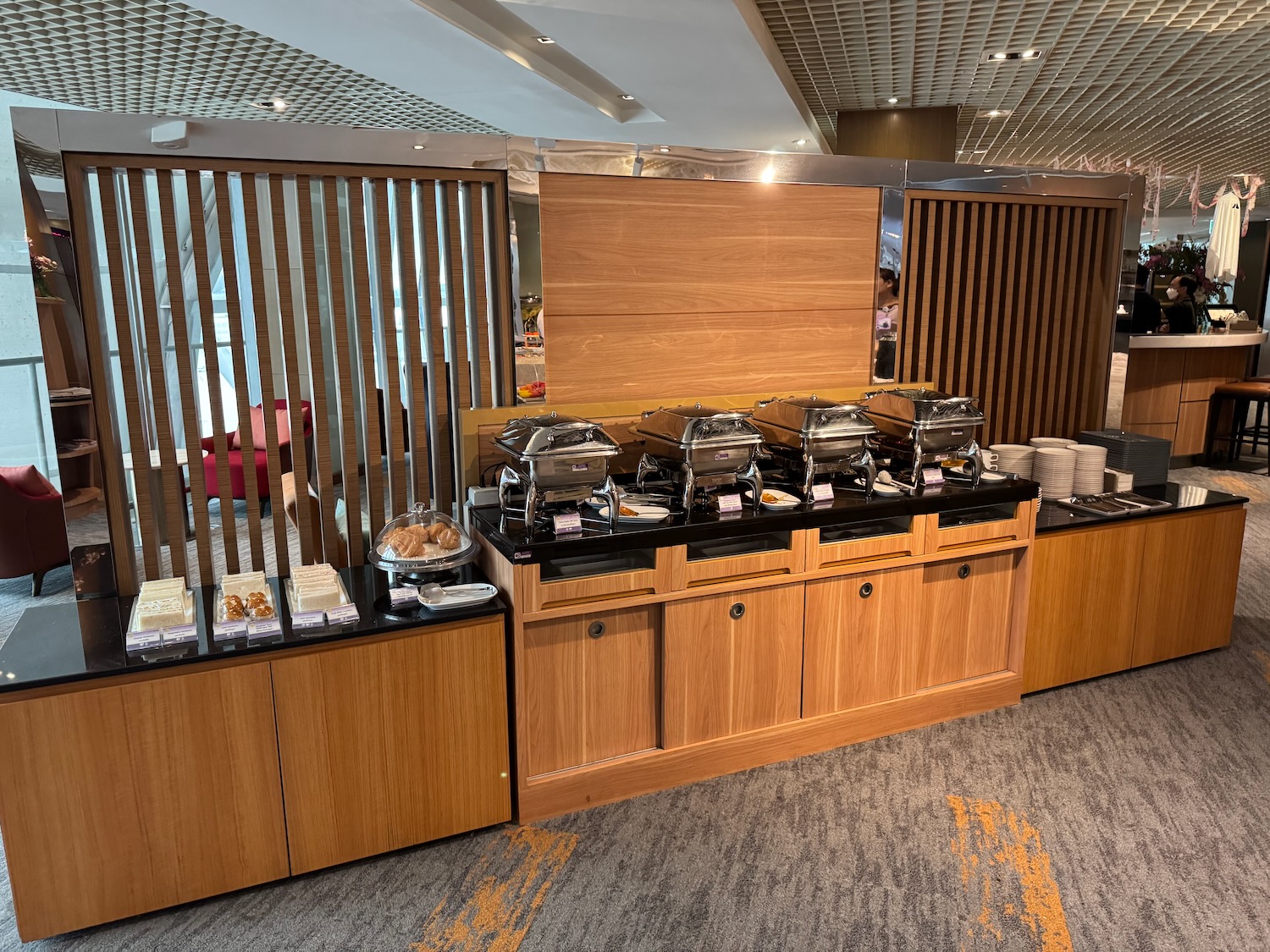 a buffet with food on the counter