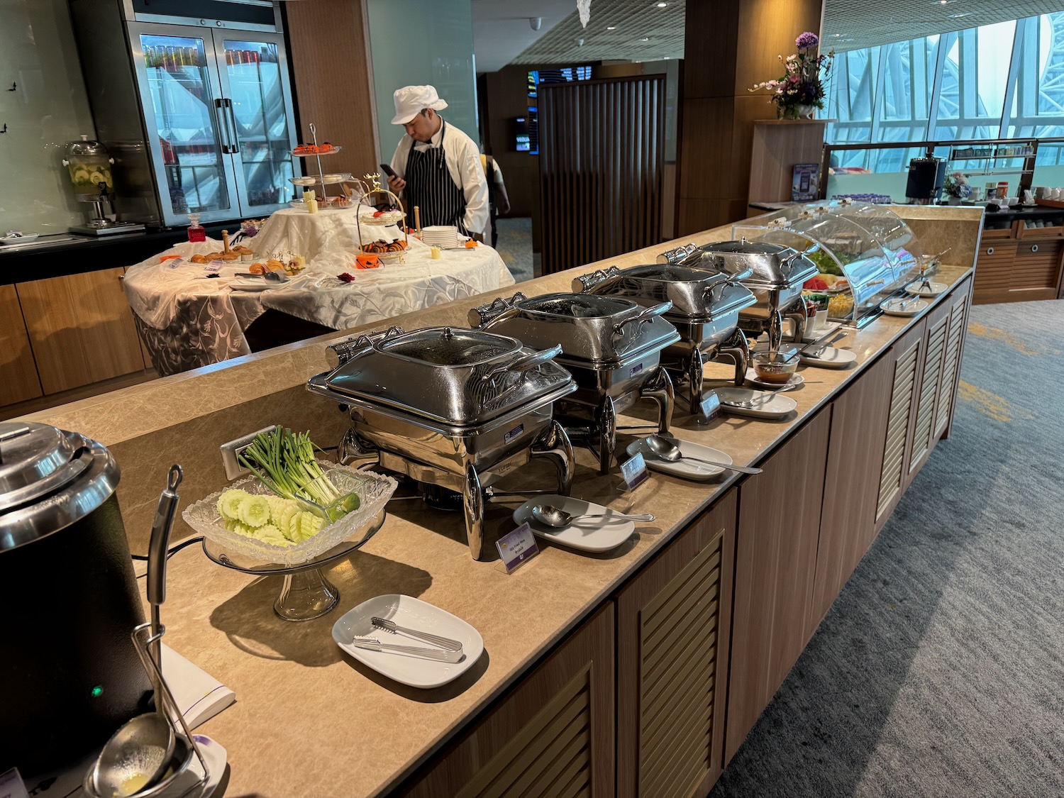 a buffet with food on the counter