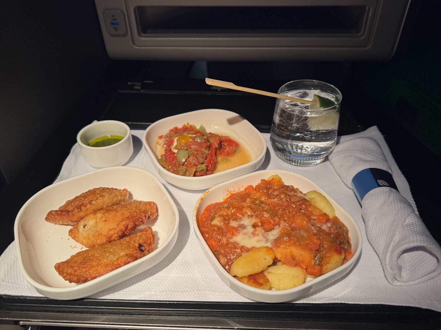a tray of food on a white towel