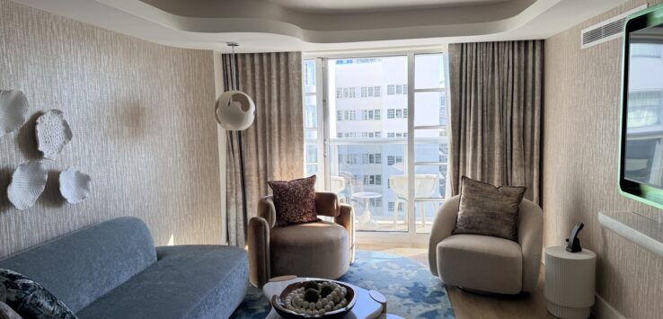 andaz miami beach review two bedroom suite living room blue sofa