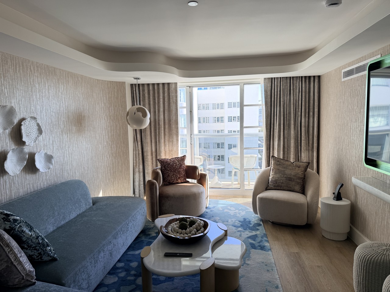 andaz miami beach review two bedroom suite living room blue sofa