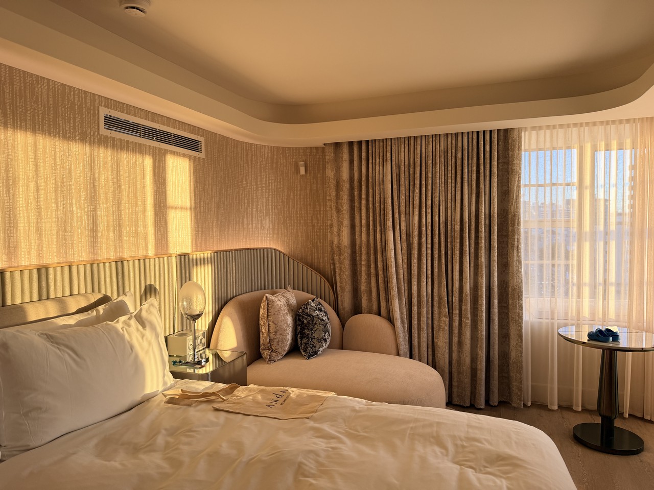 andaz miami beach review two bedroom suite master bedroom chaise golden light