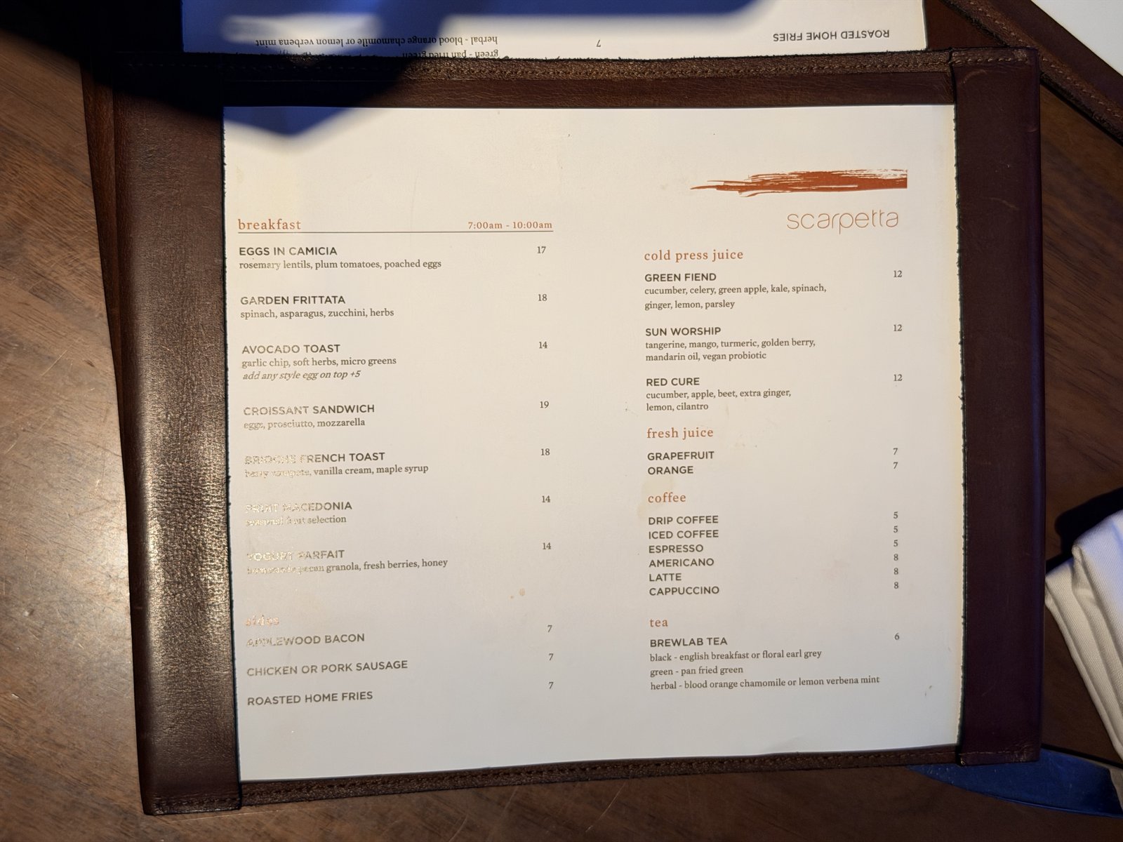Scarpetta breakfast menu at Hotel Seville Nomad