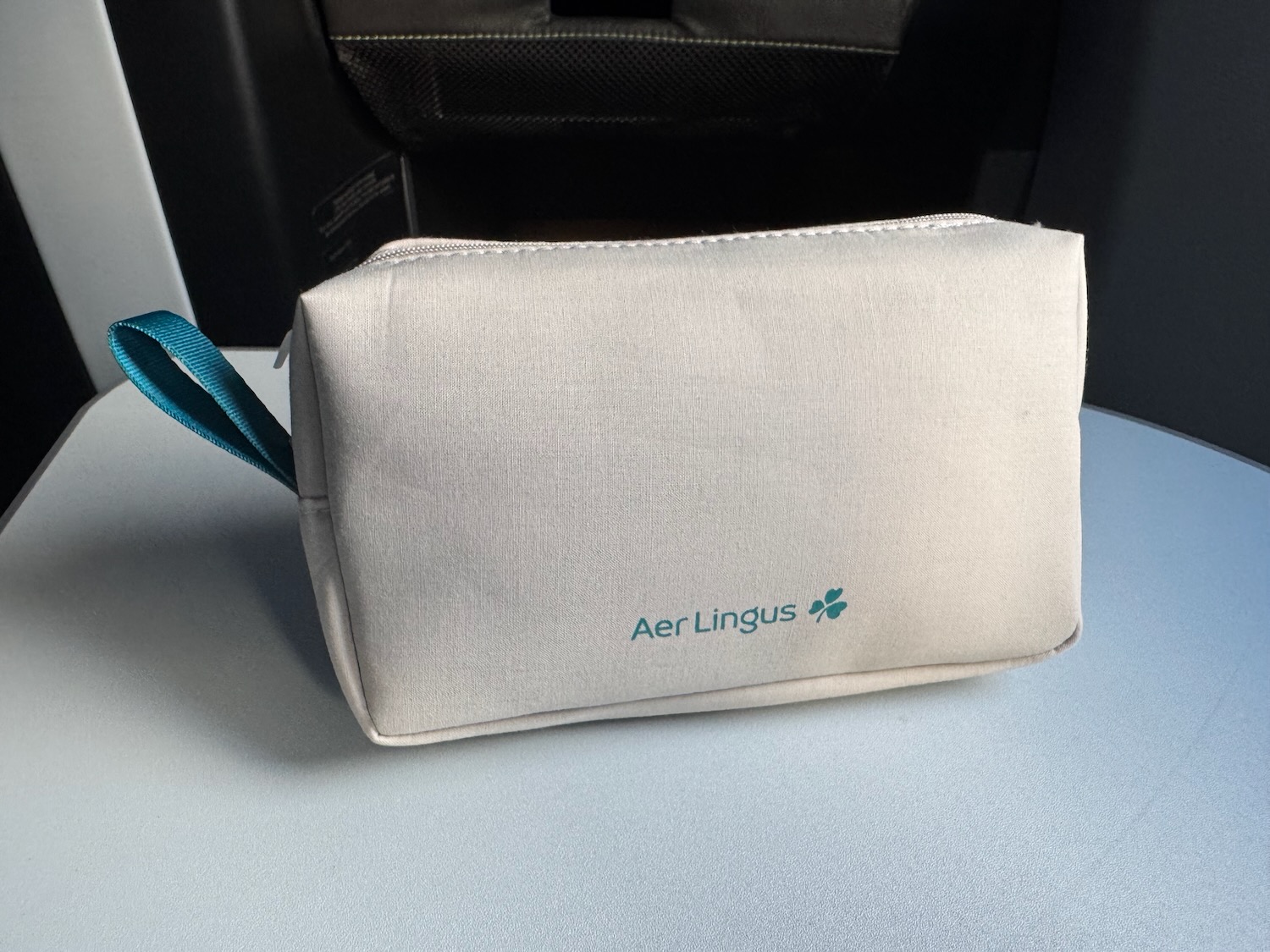 a small white bag with blue strap